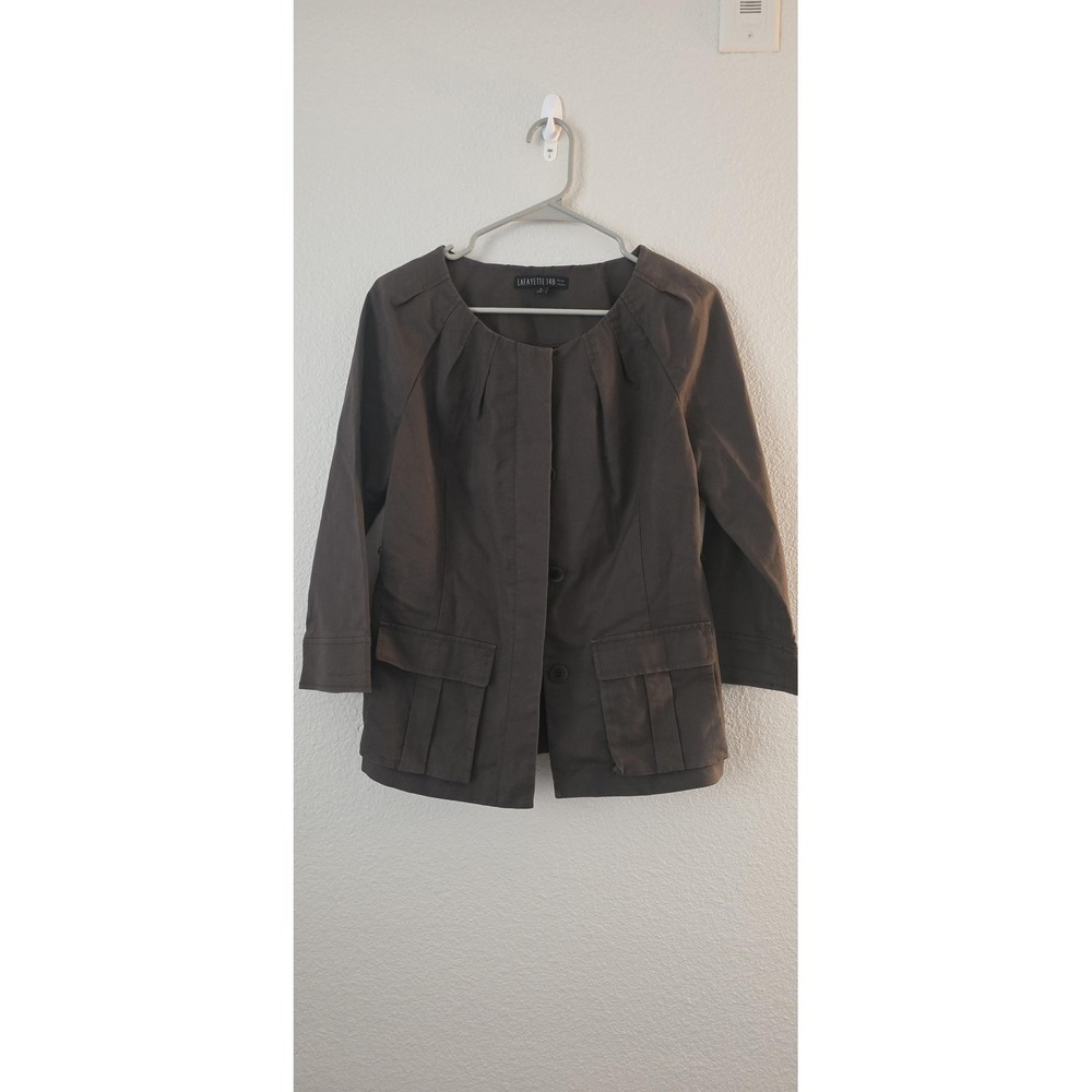 Lafayette 148 New York Jacket Womens 2 Brown Collarless 3/4 Sleeve Pockets